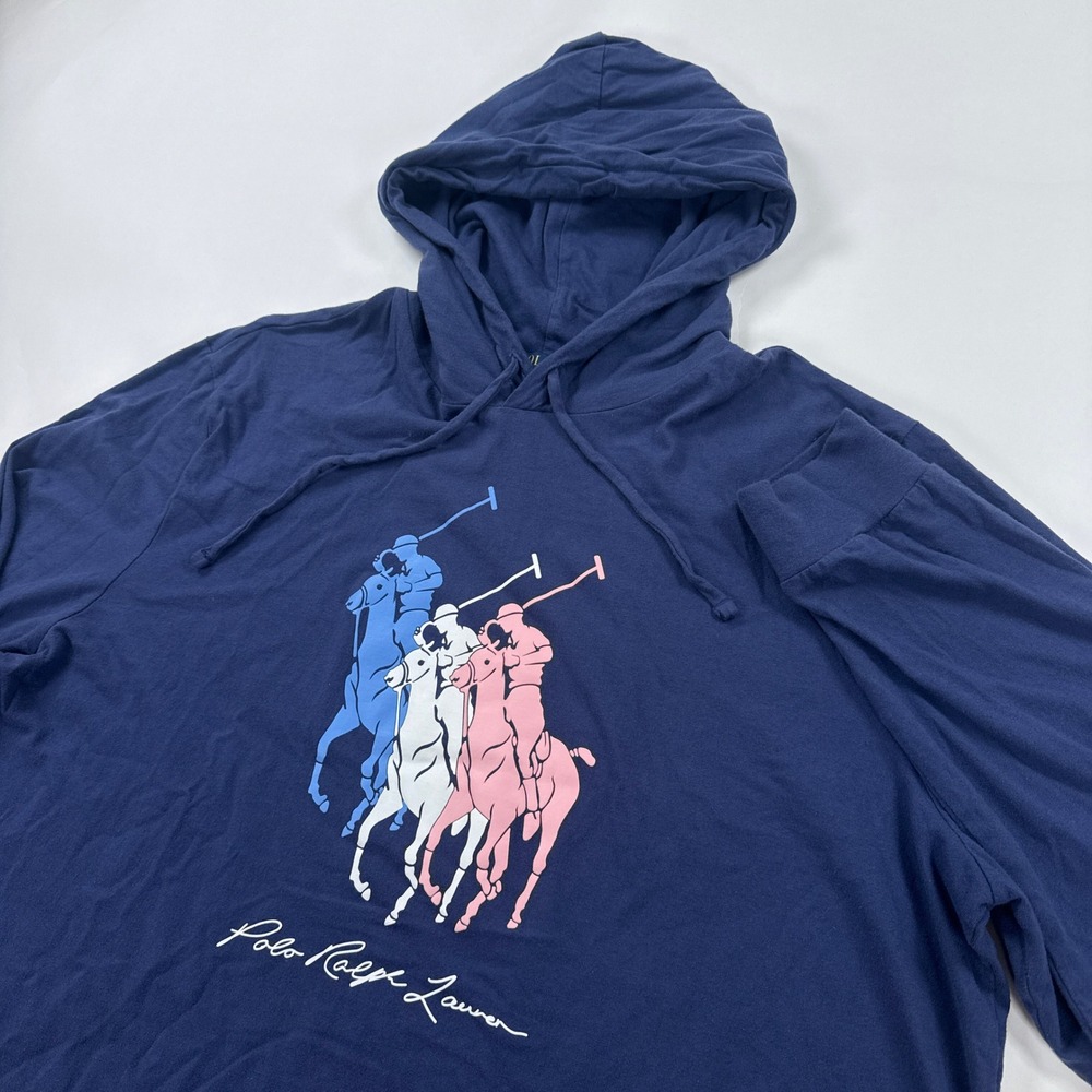 Polo Ralph Lauren Triple Pony Hoodie Mens XXL Jersey Long Sleeve Shirt Navy